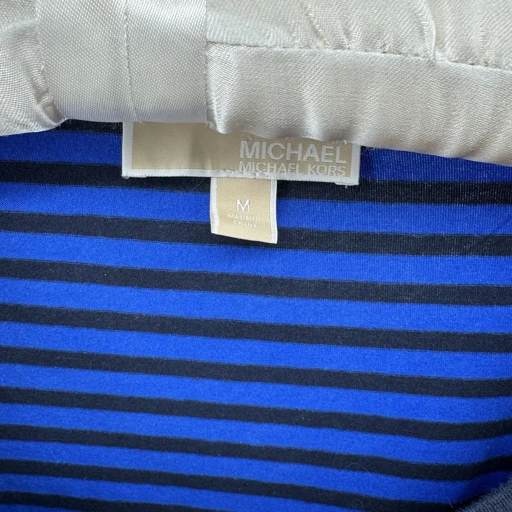 Michael Kors Striped Top Blue Black Zip Shoulder Stretch Slim Rouched Sides Med